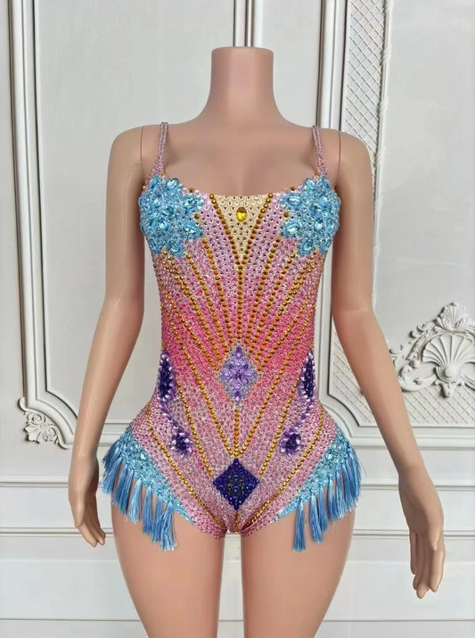 Womens Sexy Shiny Pink Rhinestones Fringe Bodysuit Party Performance Dance Costume Nightclub Singer Bar Dancer Stage Outfit