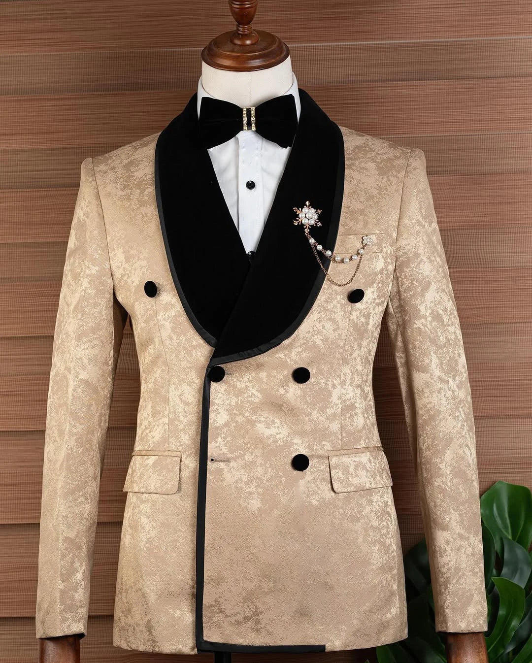 Modern Men Suits Jacquard 2 Pieces Set Tailor-Made Velvet Jacket Shawl Lapel Blazer Double Breasted Groom Customized Coat Pants