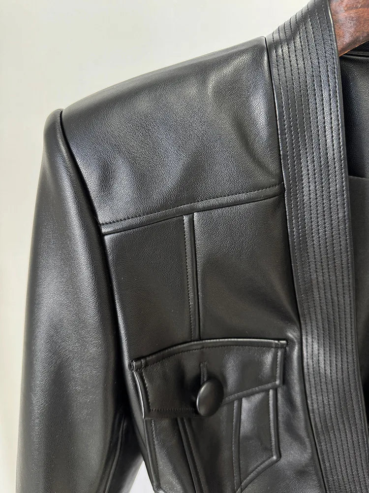 Designer Jacket Women's Belt Slim Fitting Leather Button Pocket Decoration Artificial Leather Blazer