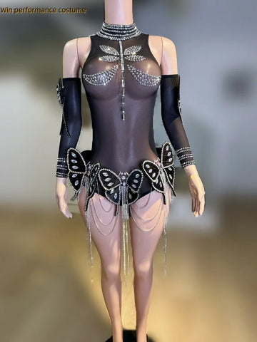 Mesh Tight and Sexy Diamond Chain One-Piece High Fork Fashion Show Party Nightclub Bar Performance Costume