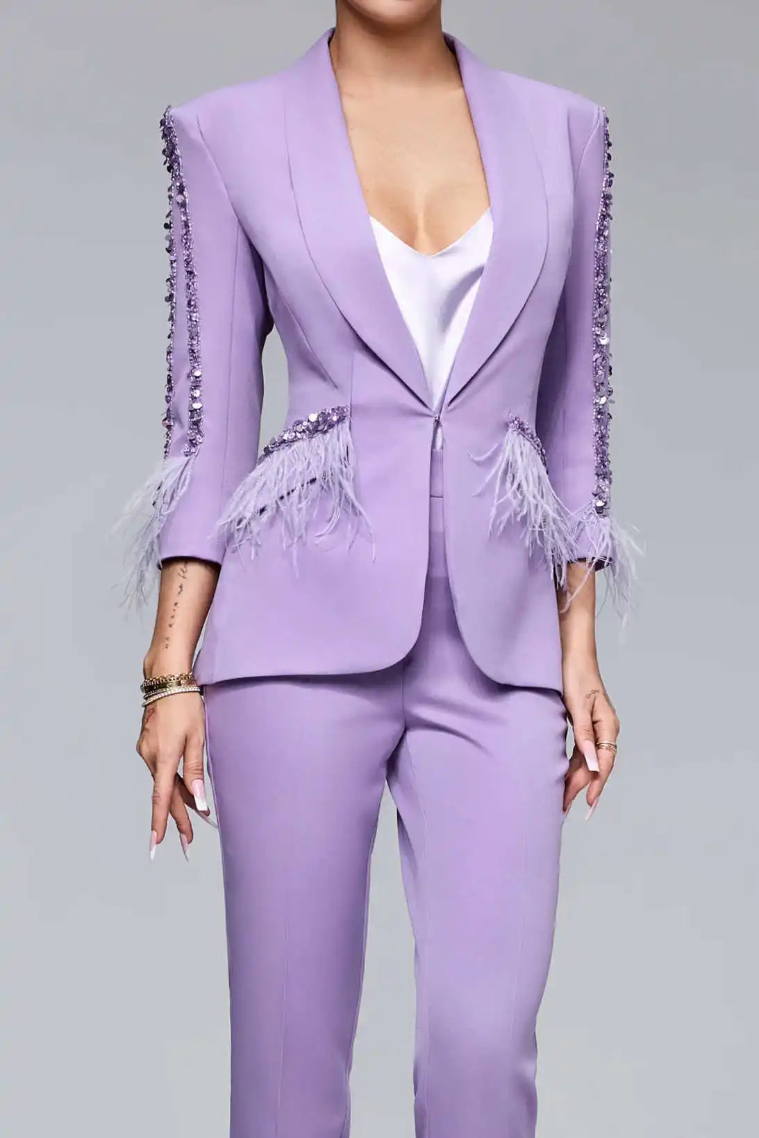 Elegant Purple Women Pants Suits Crystal Beading Red Carpet Lady Slim Fit Wear Prom Birthday Jacket Coat Customized 2 Pieces