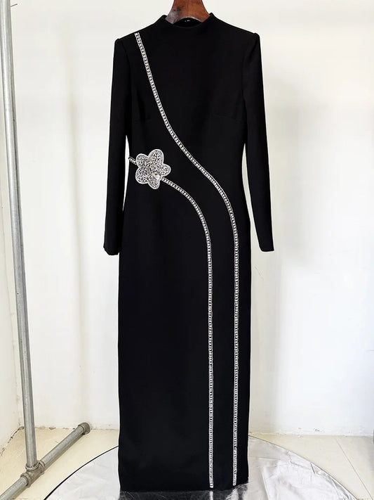 Newest Fashion Party Vestido Women's Formal Long Sleeve Diamonds Beading Long Maxi Dress
