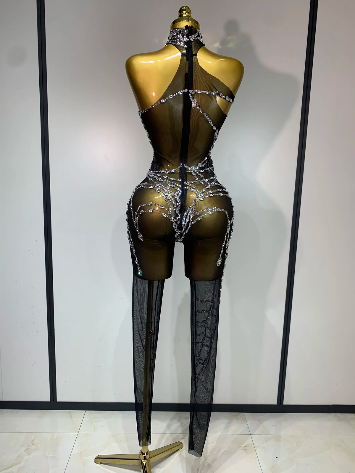 Sparkly Diamond Women Sexy Mesh Jumpsuit Nightclub Bar Party Show Gogo Dancer Clothing Drag Queen Outfit Stage Costume
