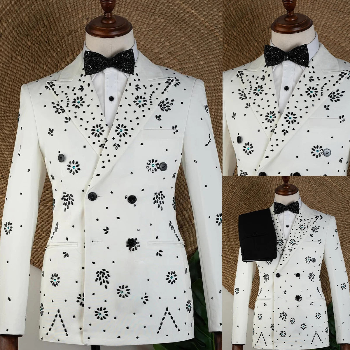 Luxury Men Suits 2 Pieces Set Tailor-Made Notched Lapel Jacket Rhinestone Blazer Double Breasted Groom Customized Coat Pants