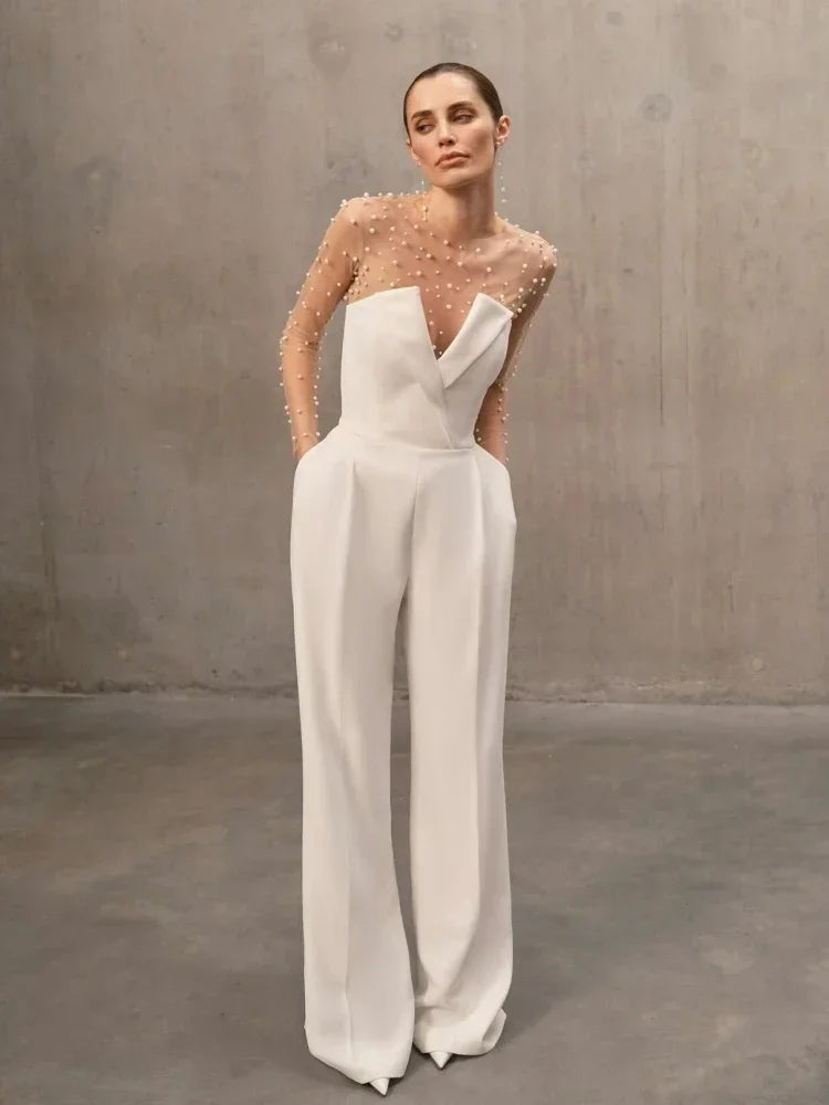 Conjunto de dos piezas formado por mono y mono sin tirantes, de malla con cuentas de perlas y mangas largas, color blanco, para mujer, para noche y pasarela. 