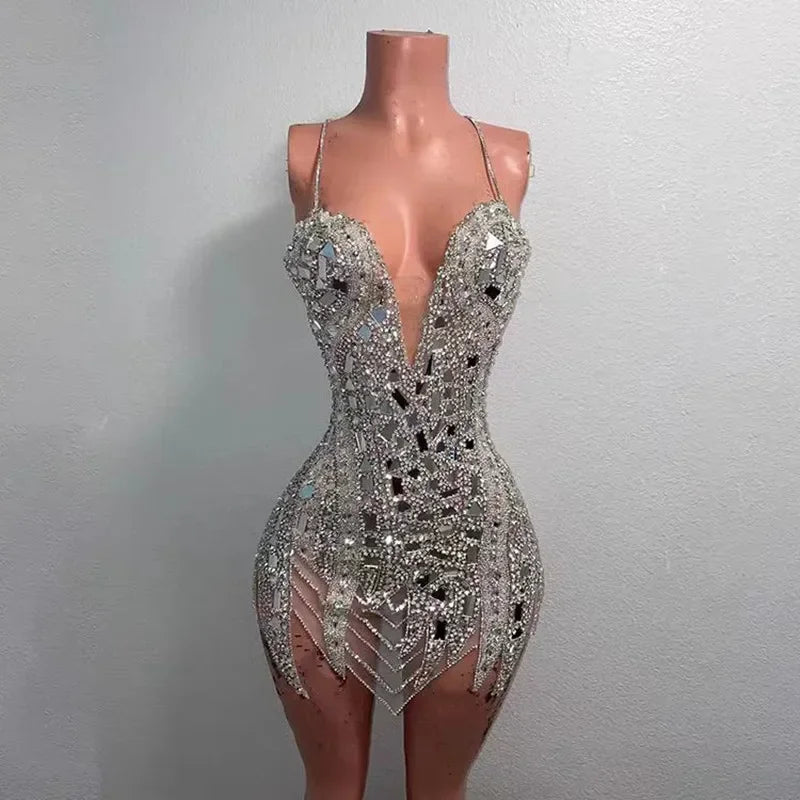 Sexy Singer Bar Nightclub Stage Wear Club Party Birthday Cocktail Show Costume Silver Mirror Rhinestones Tight Short Dress