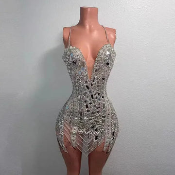 Sexy Singer Bar Nightclub Stage Wear Club Party Birthday Cocktail Show Costume Silver Mirror Rhinestones Tight Short Dress