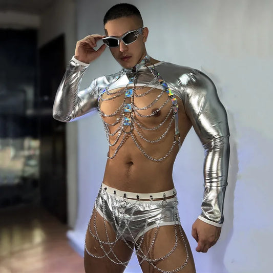 Disfraz sexy de DJ Gogo para baile en barra, club nocturno, bar, tops con láser plateado, pantalones cortos, cadenas en la cintura, atuendo rave, ropa para fiesta, espectáculo y actuación.