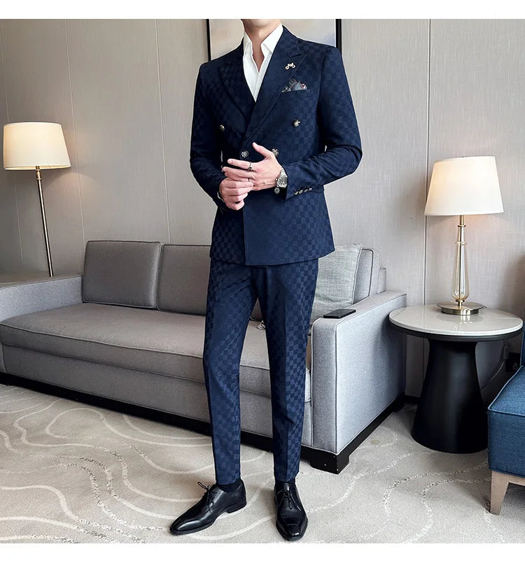 Elegant Double-Breasted Navy Checker Suit for Men – Custom Tailored Business & Wedding Attire, Stylish Formalwear Set