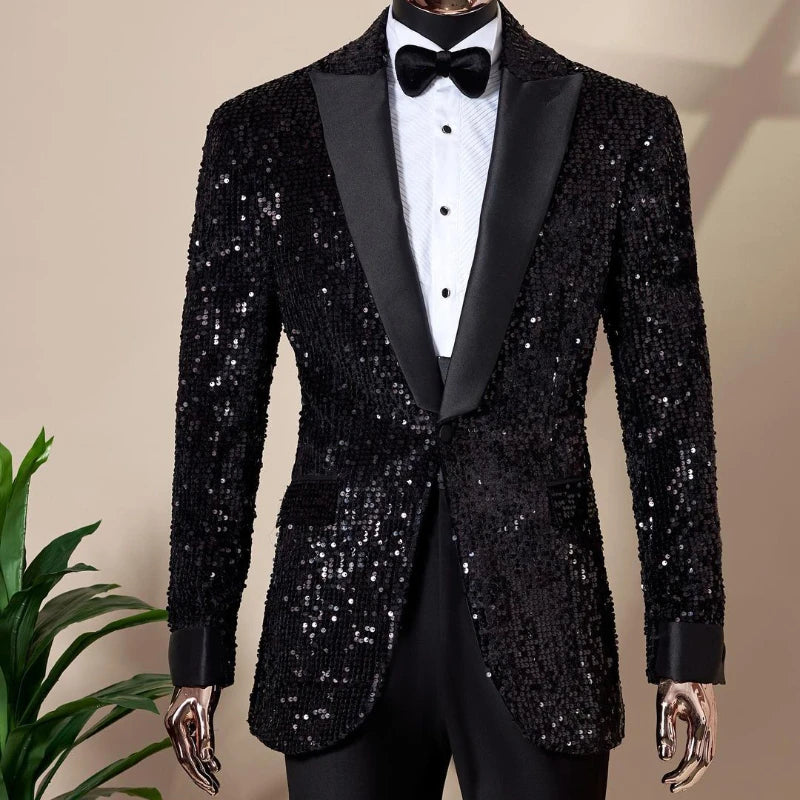 Costume smoking noir éblouissant à paillettes pour homme – Blazer slim à un bouton avec pantalon assorti, idéal pour les mariages et les fêtes