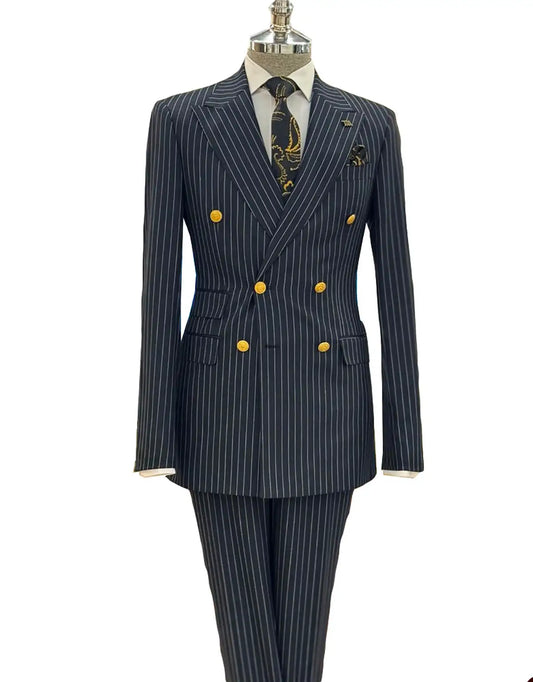 2 Pieces Classic Men Wedding Suits Peaked Lapel Pinstriped Double Breasted Tuxedos Groom Blazer with Pants Costume Homme