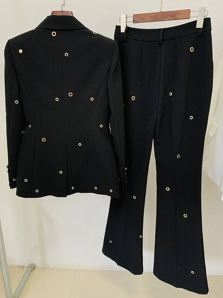 Stylish Women's Blue Two-Piece Pantsuit Set with Eyelet Details and Single Button Blazer, Perfect for Weddings and Formal Events