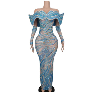 Blue Mermaid Long Prom Dresses for Black Girls Unique Design Corset Strapless Crystal Evening Gowns for Party with Gloves Aorun