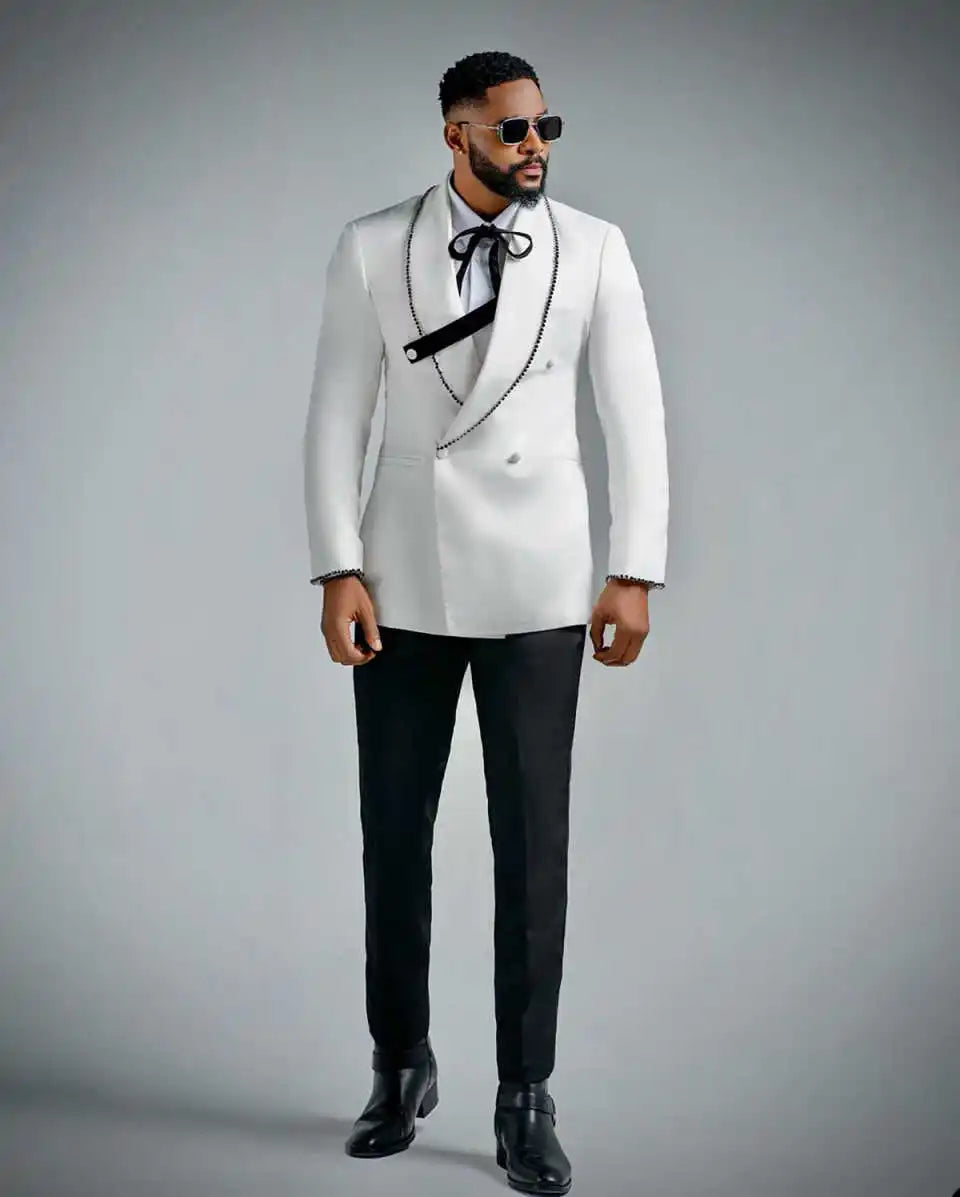 Designer Beaded Wedding Suits for Groom Shawl Lapel Tuxedos Double Breasted 2 Pcs Jacket with Pants Party Prom Customized