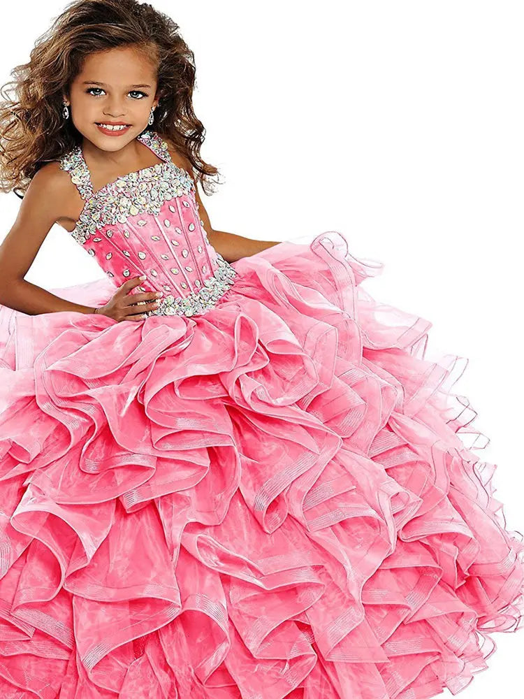 Vestido de princesa rosa para niña, con encaje, abullonado, para niña de flores, bonito vestido de cumpleaños para niña, vestido de fiesta de boda, vestido de bebé