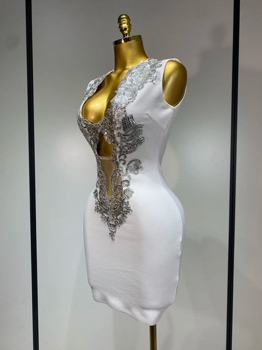 Women Sexy V Neck Cut Out Short Bandage Dress Silver Sequin White Elegant Luxury Birthday Party Club Wedding Vestidos