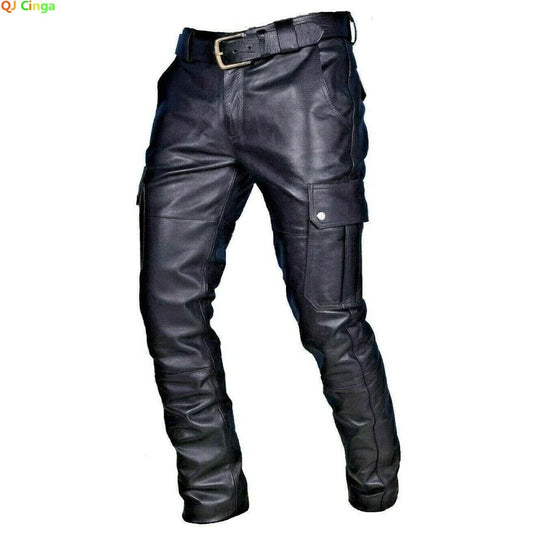 Deep Black System Rock Biker Leather Pants Male Casual American PU Trouser Without Belt