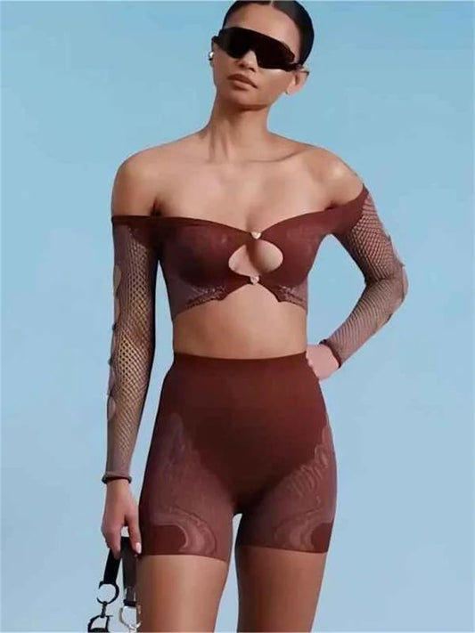 Hollow Off Shoulder 2 Piece Sets Woman Summer Long Sleeve Diamond Short Tops+High Waist Print Shorts Matching Suits
