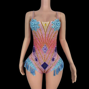 Womens Sexy Shiny Pink Rhinestones Fringe Bodysuit Party Performance Dance Costume Nightclub Singer Bar Dancer Stage Outfit