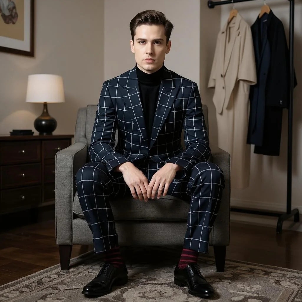 Check Formal Men's Suits for Wedding Plaid Groom Tuxedo Blazer with Pants 2 Pieces Peak Lapel Single Breasted Slim Fit Prom Suit