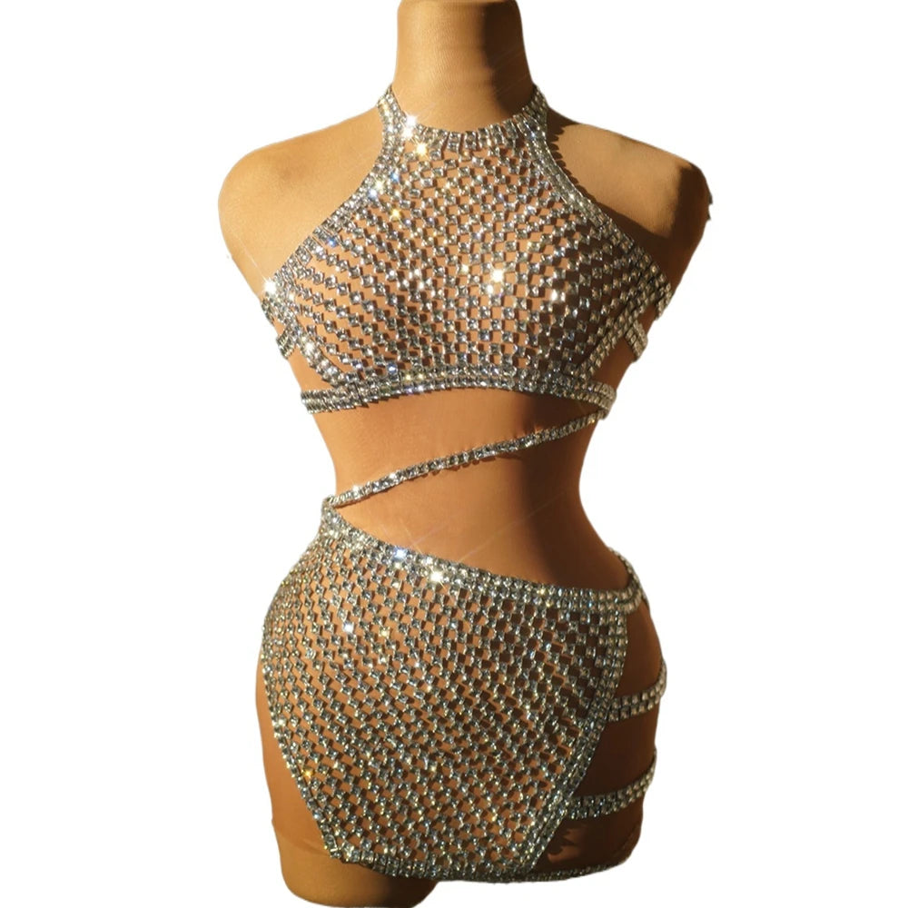 Sparkly Rhinestones Short Dress Women Sexy Mesh See Through Party Celebrate Birthday Dress Photo Shoot Wear Performance Costume