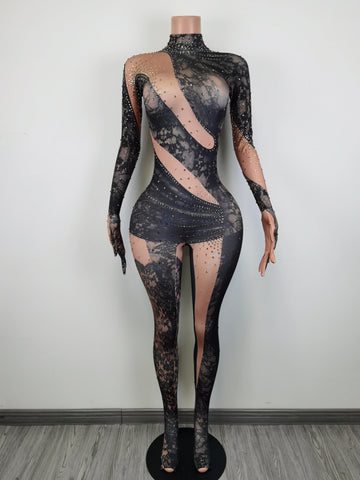 Sexy Slim Fit Rompers One Piece Bodysuit Women Rhinestone Jumpsuits Fashion Black Lace Pattern Pole Dancer Leotard Club Outfits
