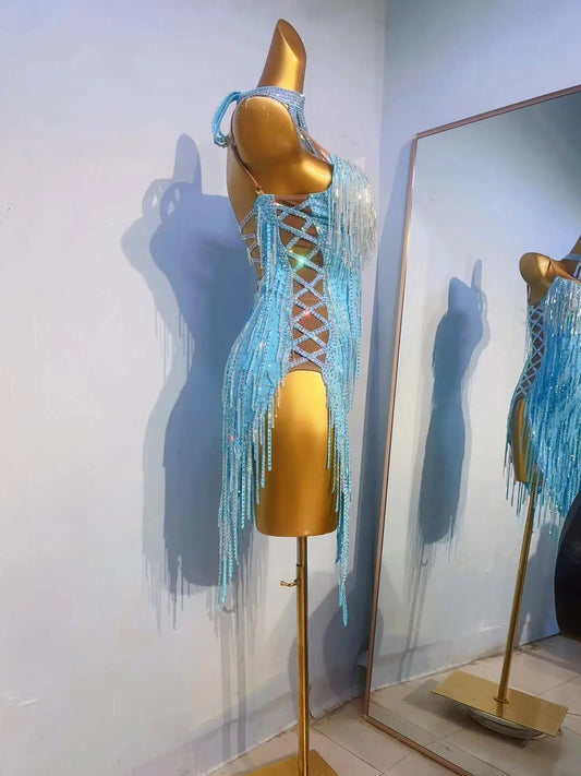 Latin Dance Dress for Women's High End Customized Size Chacha Tango Children's Performance Competition Thick Tassel Dress