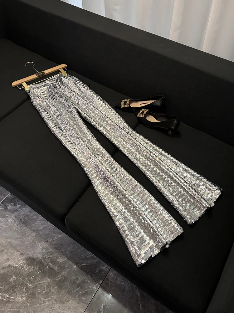 Silver Shiny Sequin Pantsuits Blazer Flared Pants Set Eye Catching Party Evening Wear Mesh Sequin Pants Set Outfits