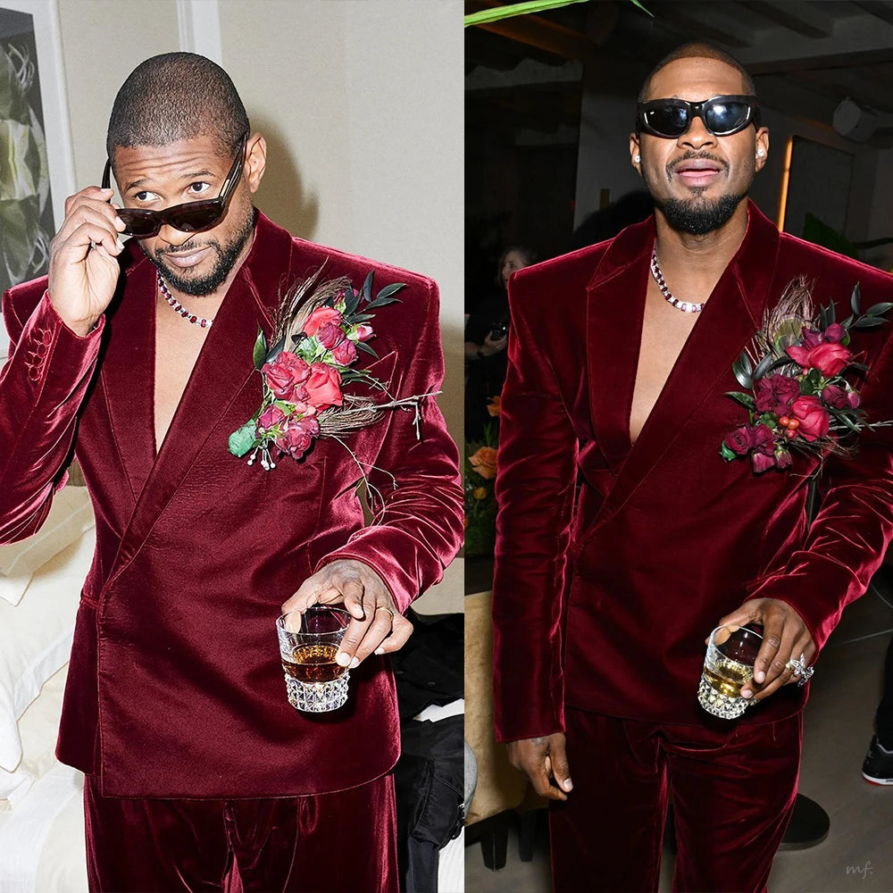Retro Men Suits Velvet Jacket 2 Pieces Set Tailor-Made Blazer One Button Ball Evening Prom Party Customized Coat Pants
