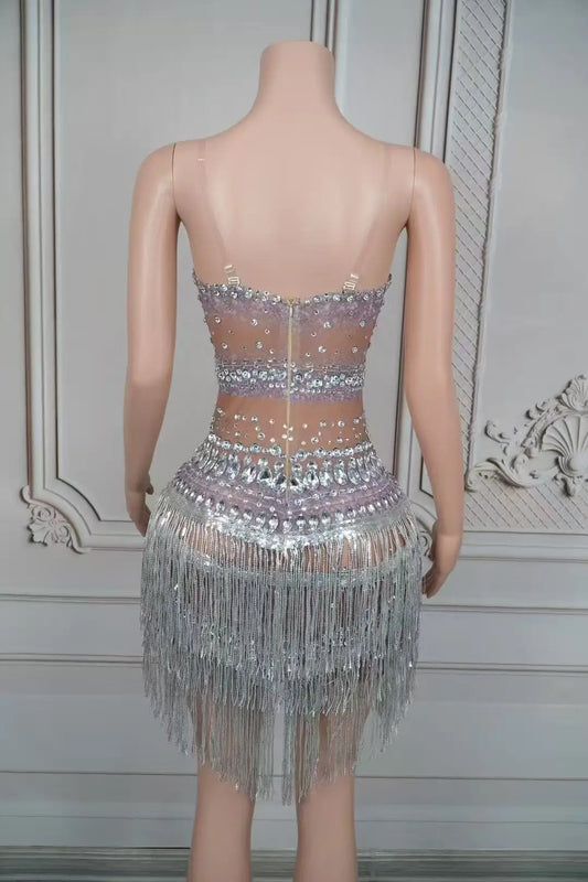 Sparkly Silver Rhinestones Mesh See Through Tassels Suspender Dress Women Sexy Celebrate Birthday Wedding Evening Prom Dress