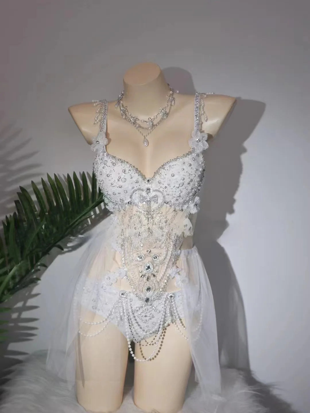 Robe bikini en maille avec nœud scintillant, diamant, fleur, perles, pompons, tenue de discothèque, bar, chanteuse, danse, scène, fête, bal