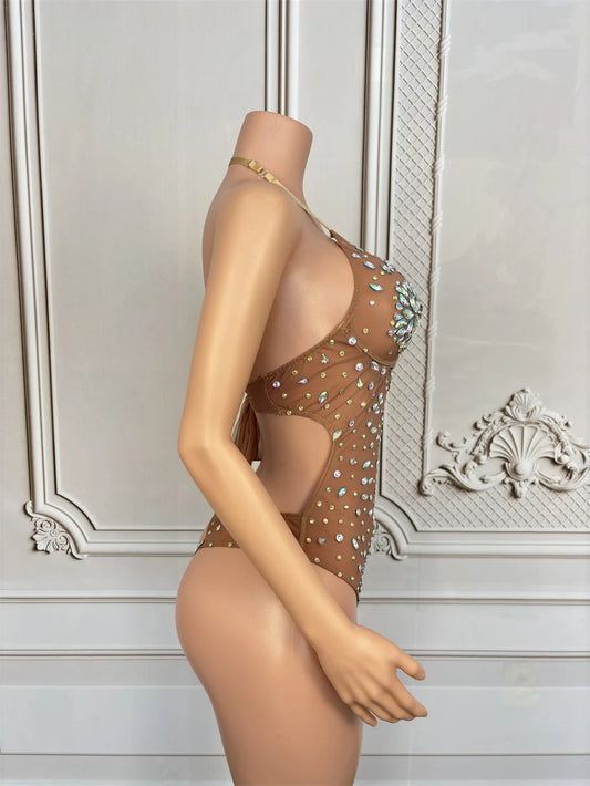 Women Sexy Backless Mesh Stretch Bodysuit Performance Stage Leotard Shiny Rhinestones See Through Nightclub Outfit Dance Costume