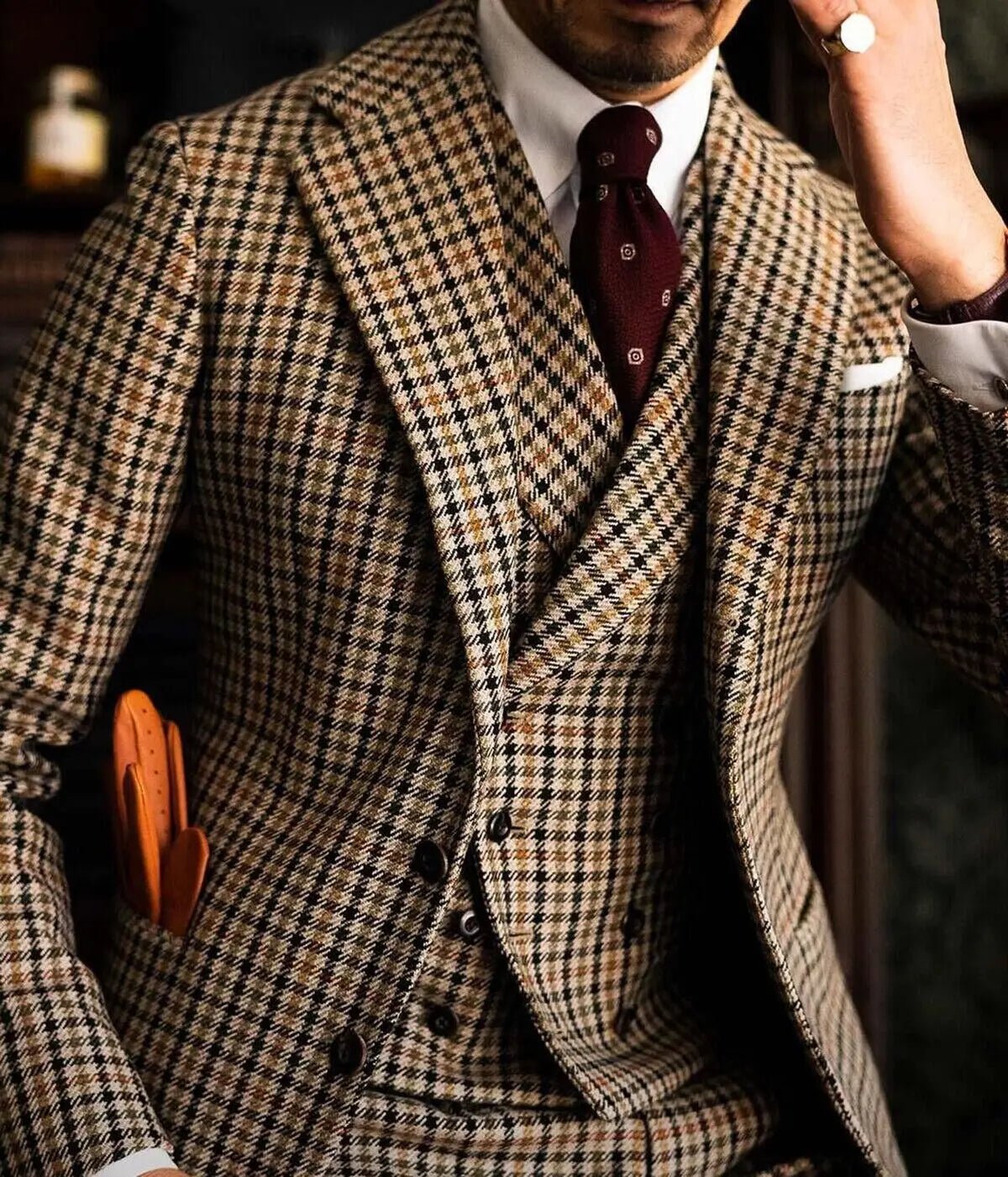 Woolen Tweed Wedding Suits For Men Slim Fit Plaid Check Peaked Lapel Groom Tuxedos 3 Pieces Jacket Vest Pants