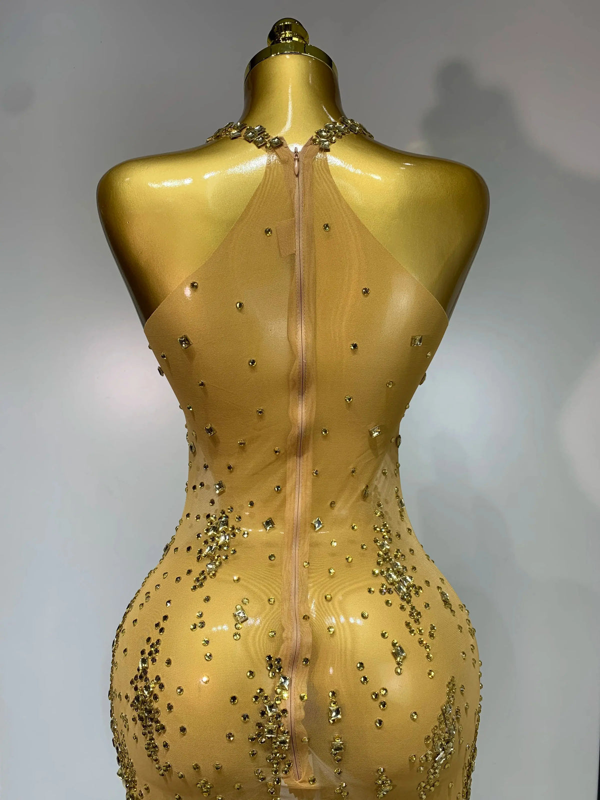 Sparkly Crystal Diamond Gold Sexy See-Through Sheath Dress Nightclub Performance Custom Stage Wear Birthday Evening Party Dress