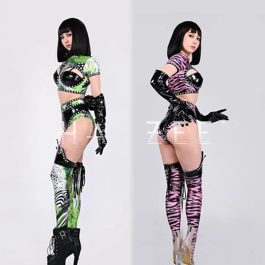 Sexy léopard cristal bikini gants en cuir couvre-jambes vêtements de performance femmes drag queen costume danseur jazz équipe scène vêtements