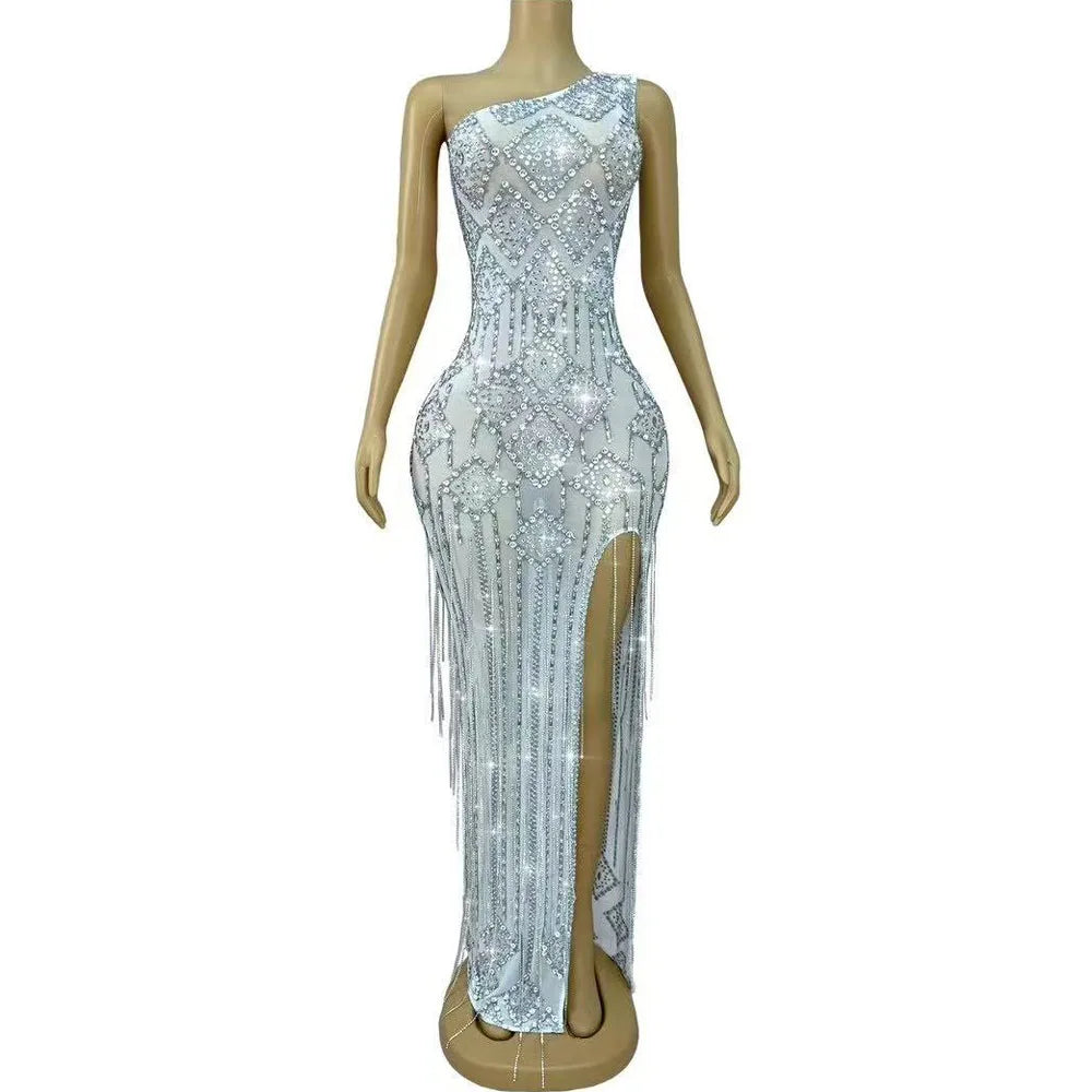Sparkly Elegant Evening Twinkling Crystals Chains One Shoulder Dress Birthday Party Celebrate Wedding Red Carpet Stage Wear