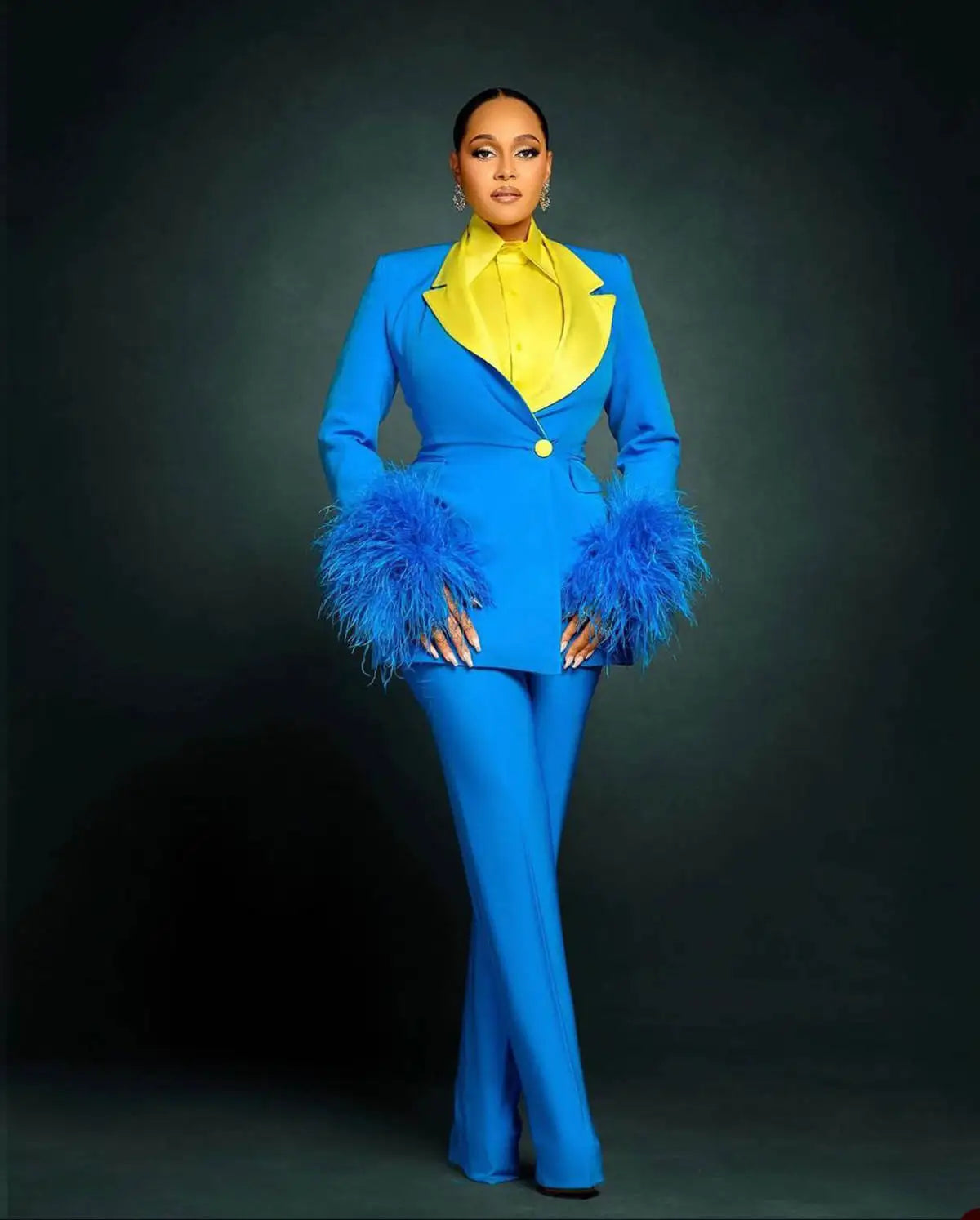 Ensemble 2 pièces pour femme, pantalon patchwork, manchette en plumes, blazer à un bouton, sur mesure, grande taille