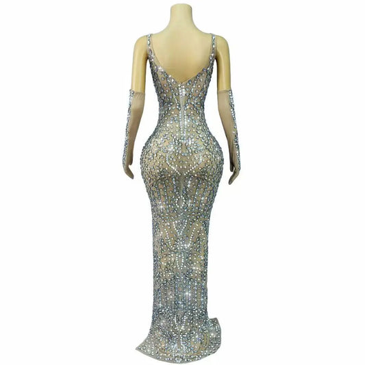 Sexy High-end Sparkly Rhinestones Elegant High Split Suspenders Dress Gloves Outfit Birthday Evening Party Gowns Stage Wear