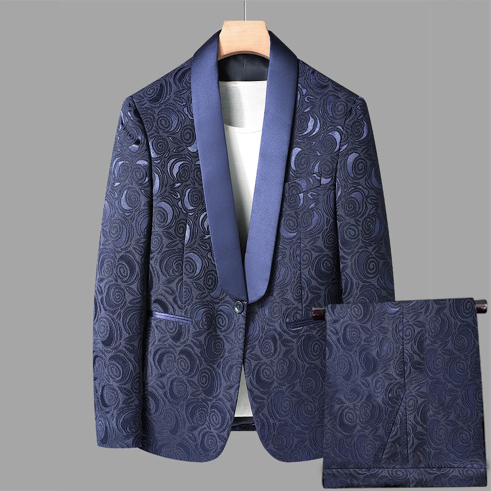 Navy Blue Floral Pattern Blazer Suit Set for Men Elegant Tuxedo Jacket with Pants Perfect for Weddings and Formal Events Fashion Outfit