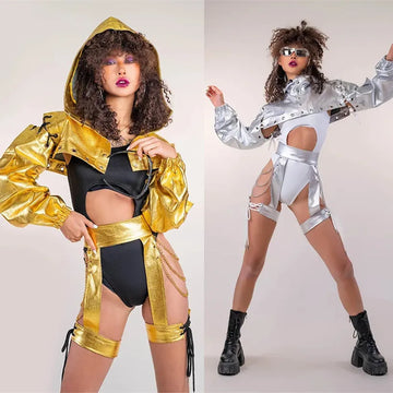 Costume de danse hip-hop sexy pour femme, tenue de scène, de festival, de fête, de cape à capuche en cuir doré et argenté