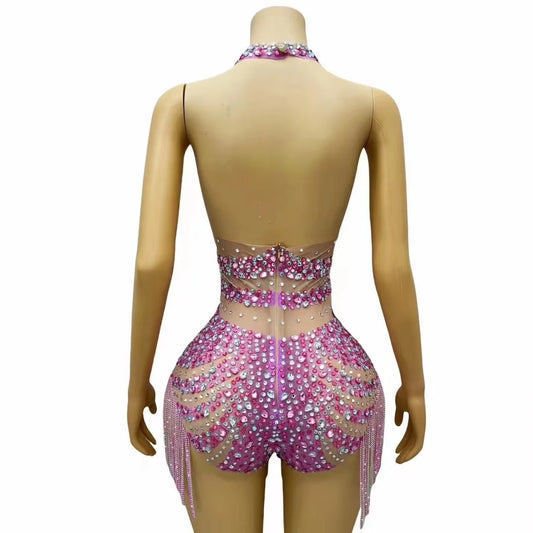 Justaucorps sexy rose scintillant avec strass et cristaux, chaînes et franges, tenue de soirée, d'anniversaire, dos nu, pour séance photo, danse en boîte de nuit