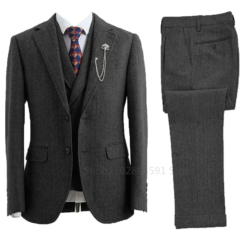 Costume 3 pièces pour homme en tweed à chevrons, croisé, smoking de mariage, taille homme, vêtements décontractés, mode masculine, costume homme