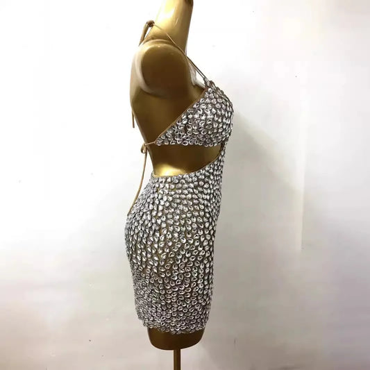Dresses for Women Glamorous Crystal Beaded Birthday Party Dress Stage Performance Costume Sexy Hollow Back Ball Gown Outfit