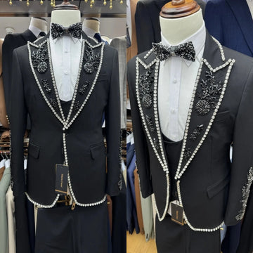 Stylish Men Suits Rhinestone Tailor-Made 2 Pieces Set Beaded Peaked Lapel Jacket Blazer One-Button Groom Customized Coat Pants