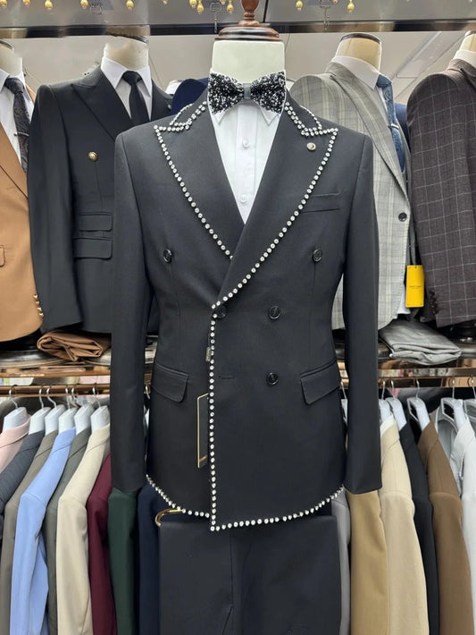 Fashion Men's Suit Peaked Lapel Jacket Rhinestone Tailor-Made 2 Pieces Set Blazer Double Breasted Customized Coat Pants
