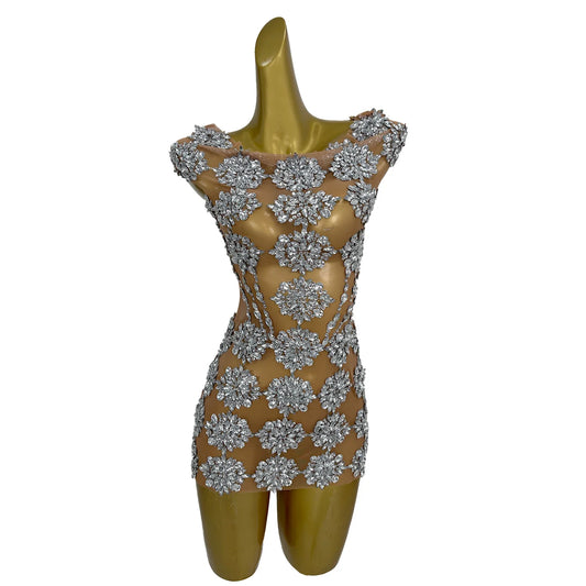 Women Off-Shoulder Dresses White Diamond Flower Mesh Dress Nightclub Bar Cocktail Festival Party Dress Pole Dance Dress