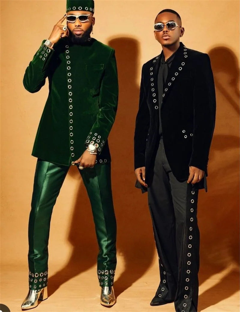 Black Ring Men Suit Set 2 Piece Velvet Blazer+Cotton Pant Trousers Customized Formal Office Jacket Wedding Tuxedos Male Coat