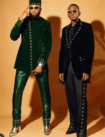 Black Ring Men Suit Set 2 Piece Velvet Blazer+Cotton Pant Trousers Customized Formal Office Jacket Wedding Tuxedos Male Coat