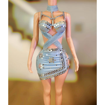 New Arrival Performance Outfit Women Sexy Halter Backless Sequined Rhinestones Party Dresses Hollow Out Singer Stage Wear