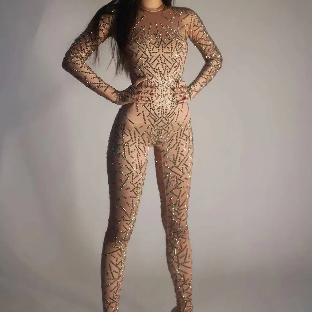 Sparkly Silver Rhinestones Nude Jumpsuit Sexy Nightclub Bar Wear Crystals Jumpsuit Costume Prom Birthday Celebrate Club Outfit